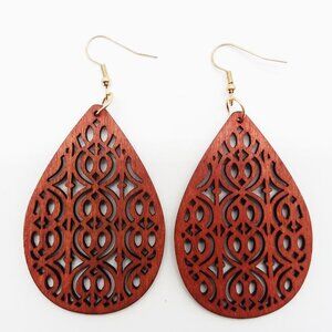 Earrings Wood Hollow Cut Bohemian Dangle Boho Carved Hippie Trendy Large Hindu
